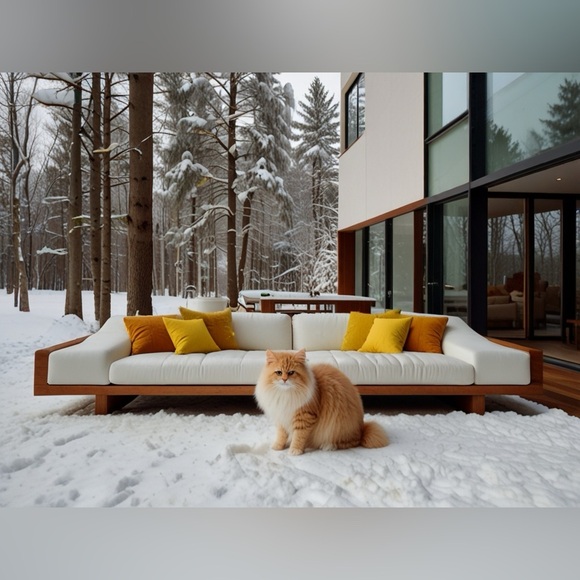 HANDCRAFTED digital art Modern Sofa with Yellow and Orange and cat print - Picture 1 of 10